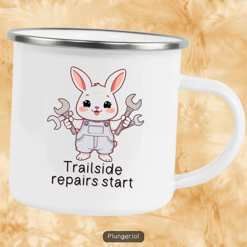 Funny rabbit, dressed in overalls and holding wrenches, on a durable camping mug, ready for outdoor adventures.