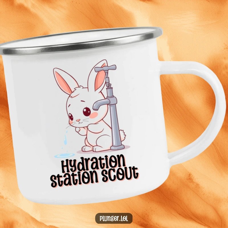 Funny rabbit character inspecting a faucet on a sturdy camping mug, perfect for outdoor adventures and humor.