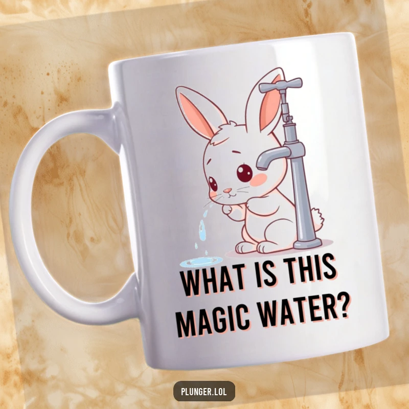 Funny rabbit character curiously inspecting a dripping faucet, symbolizing a humorous investigation and a great gift idea.