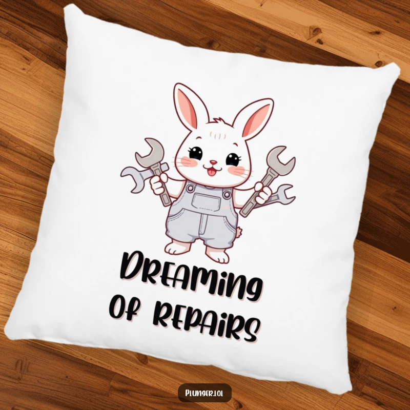 A soft, funny pillow featuring a cheerful rabbit in overalls, holding several wrenches, perfect for adding humor to decor.