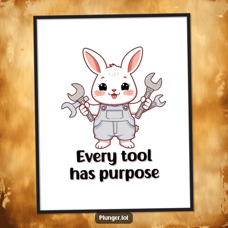 Funny and cheerful rabbit wearing overalls, holding an assortment of wrenches, presented as a vibrant digital art print.