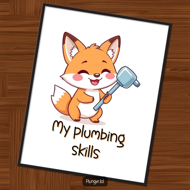 Funny and playful fox depicted with a wide grin, holding a shiny plunger, presented as a vibrant poster.