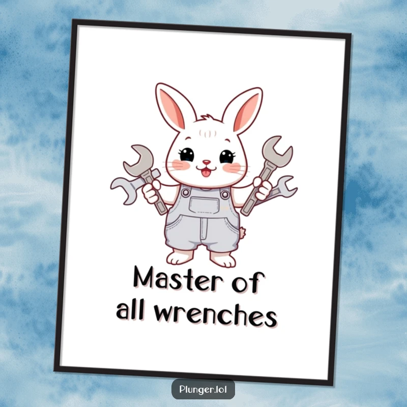 Funny and cheerful rabbit wearing overalls, holding a variety of wrenches, presented as a vibrant poster for wall decoration.