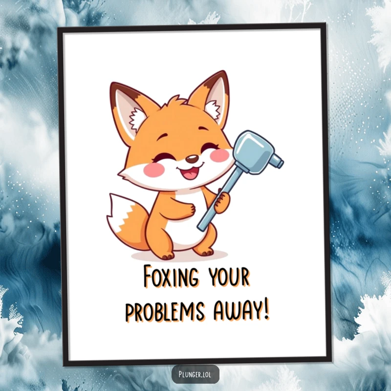 Funny Free Printable wall art of a playful fox holding a shiny plunger with a wide grin, perfect for adding humor.