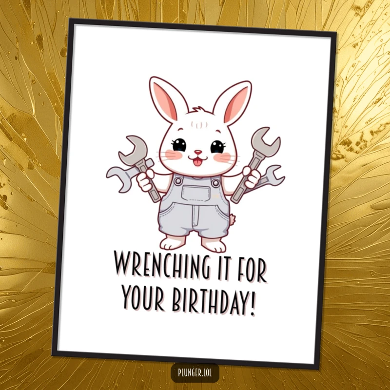 Funny Free Printable wall art of a cheerful rabbit in overalls, surrounded by wrenches, ready to fix any room.