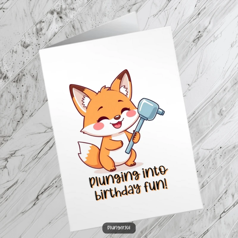 Funny Free Printable birthday card depicting a playful fox with a big grin, proudly holding a shiny plunger in celebration.