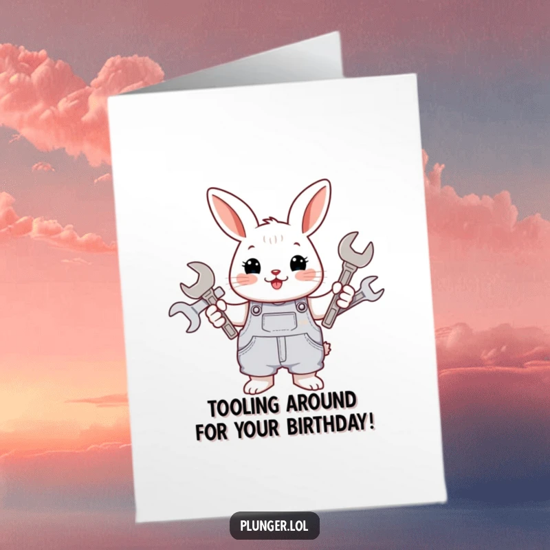 Funny Free Printable birthday card showing a cheerful rabbit mechanic in overalls holding wrenches, ready to fix any celebration.