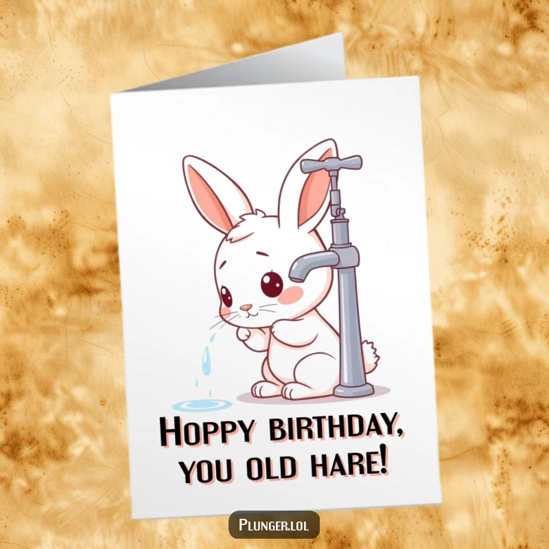 Funny Free Printable Birthday Card: A cartoon rabbit peeking curiously into a dripping faucet, perfect for a humorous greeting.