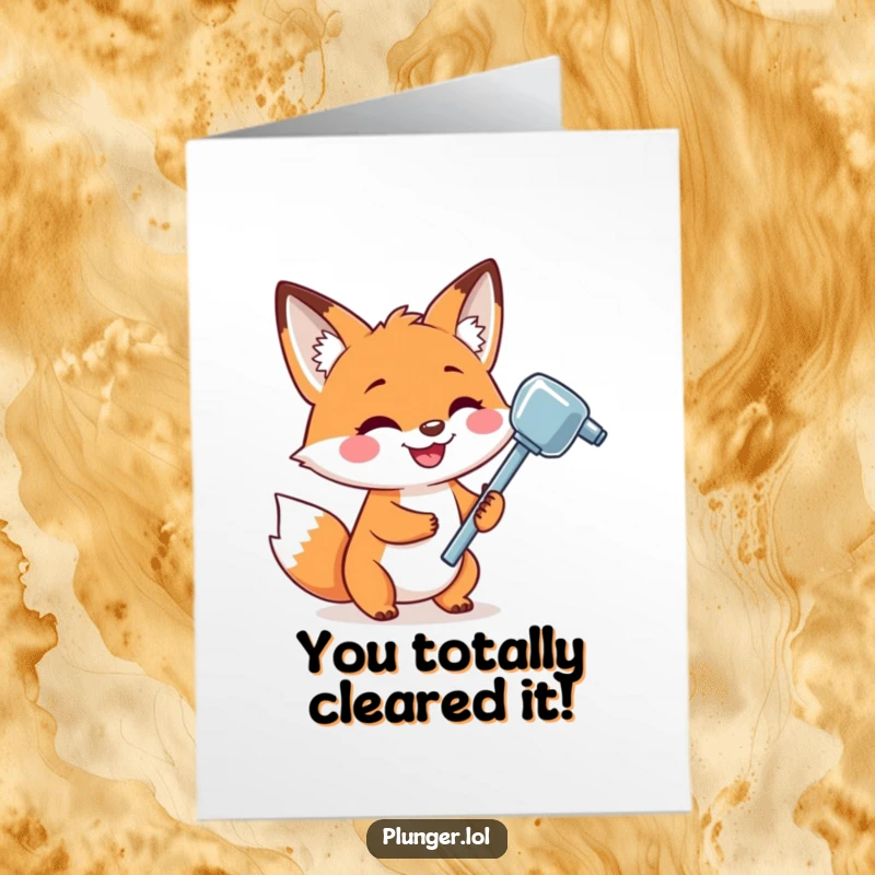Funny Free Printable congratulations card showing a playful fox beaming while holding a shiny plunger, celebrating a job well done.