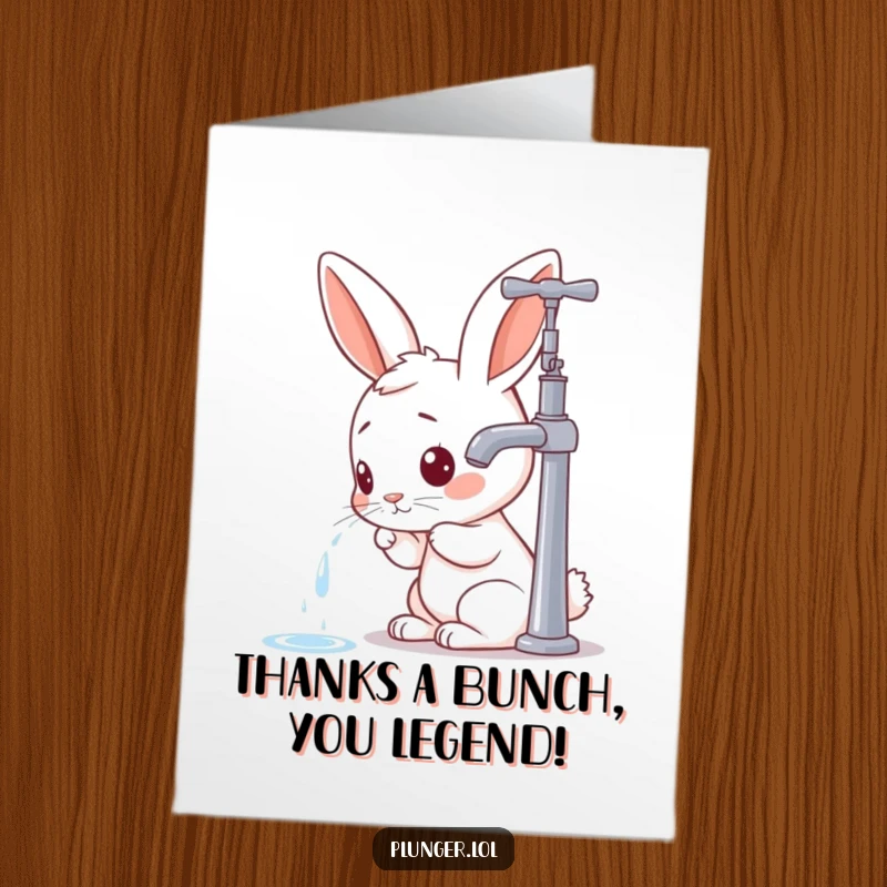 Funny Free Printable Thank You Card: A curious rabbit examining a faucet, perfect for a humorous expression of gratitude.