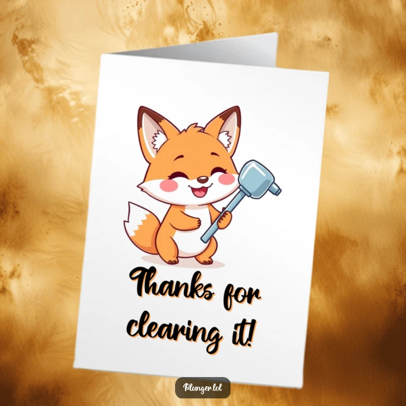 Funny Free Printable thank you card of a playful fox holding a shiny plunger, extending thanks with a mischievous grin.