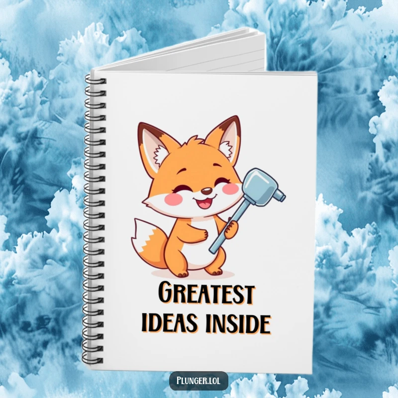 Funny notebook cover featuring a playful fox holding a shiny plunger with a wide grin, ready for notes.