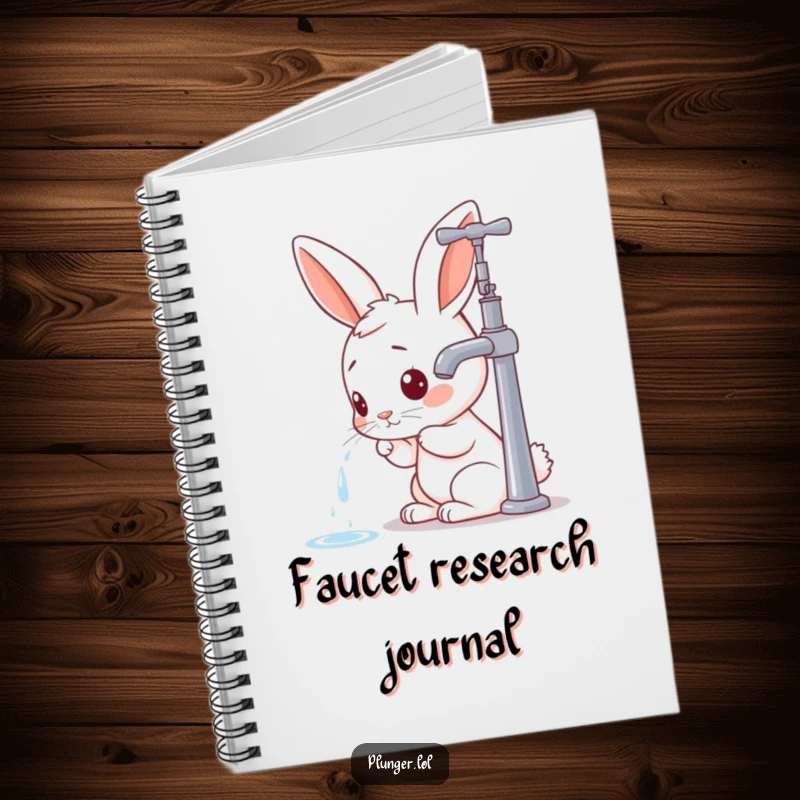 Funny rabbit character inspecting a faucet on the cover of a notebook, inviting curious thoughts and ideas.