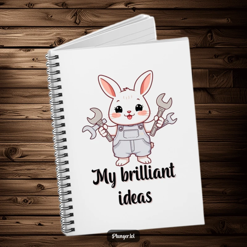 Funny rabbit wearing overalls, clutching various wrenches, featured on the cover of a notebook, ready for jotting down ideas.